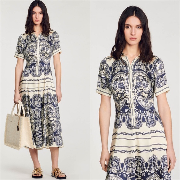Sandro patterned paisley scarf print Marine beige midi dress NO OFFERS - Picture 1 of 11